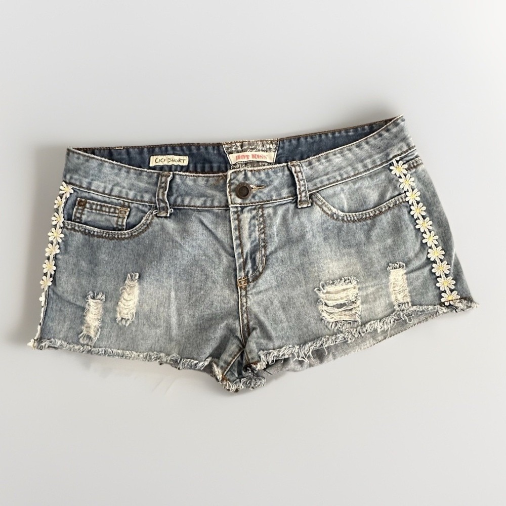 Hot Kiss Cici Daisy Embroidered Micro Mini Jean Shorts Womens Size 11 Y2K Hottie
